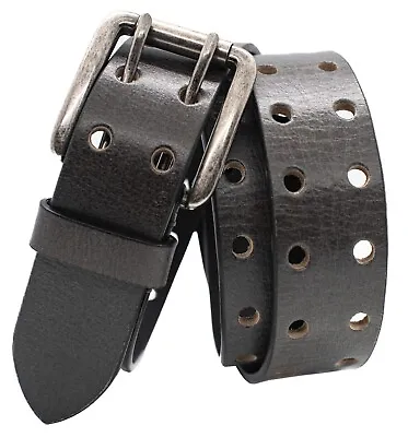 Vintage Full Grain Buffalo Black Leather Double Prong 2-Hole  Belt - Made In USA • $39.95