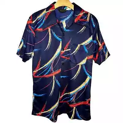 Mr Jan Vintage Men’s Size L Navy Blue Disco Streak Printed Button Down Shirt • $40