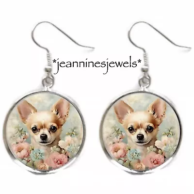 Chihuahua Dog EARRINGS Vintage Roses Art Print Silver Charm Dangle Dog Mom Gift • $21.99