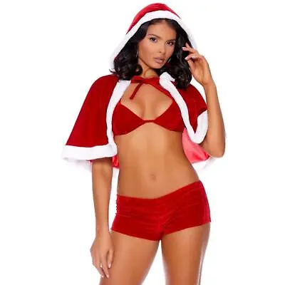 Santa Mrs Claus Costume Set Velvet Hooded Cape Crop Bra Top Booty Shorts 99117 • $38.24