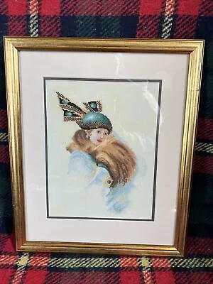 £18 • Buy Vintage Needlepoint Finished Piece Cross Stitched Women Dressed Up Framed Deco