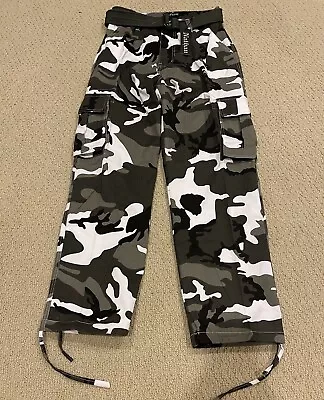 NWT Men’s Nathan Black White Camouflage Belted Cargo Pocket Pants ALL SIZES • $23.99