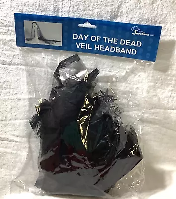 Day Of The Dead Veil Headband Black Mesh White Skulls Halloween Costume • $5.40