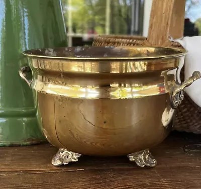 Vintage Solid Brass Cauldron Pot Footed Planter Ornate Floral Feet 6” Diameter • $20