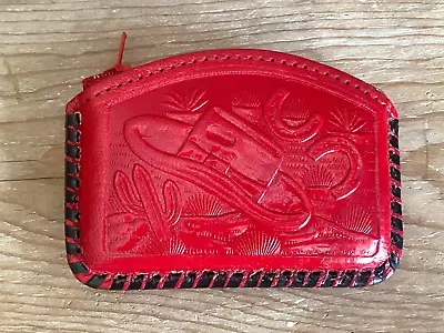 Tooled Leather Coin Purse Mexican Change Wallet Red Rectangle COWBOY HAT HOLSTER • $11.99