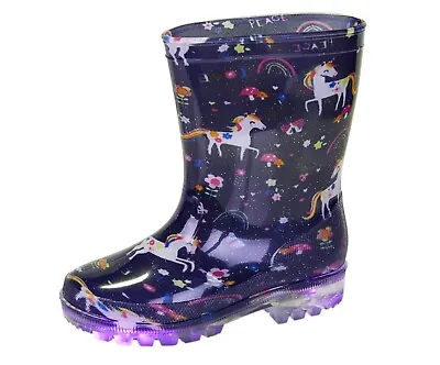 Girls Unicorn Light Up Wellies Navy Wellington Boots Rain Wellys Uk Size 8-2 • £14.99