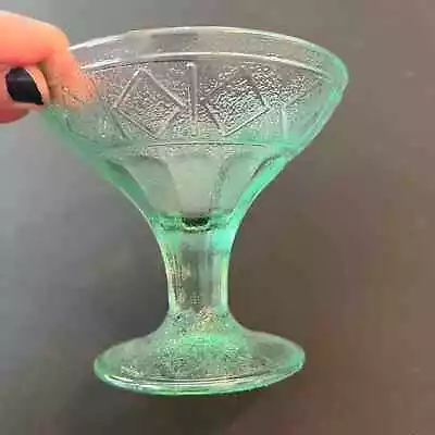Vintage Mid Century Green Glass Dessert Bowl Cup Footed Geometric Rim Print • $12