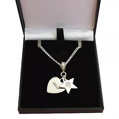 Personalised Necklace With Engraving Silver Heart & Star Engraved Gift • $55.53