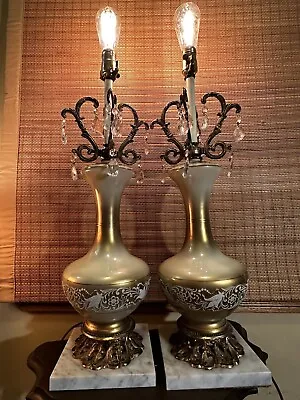 Pair Vintage Gold Damask Floral Filigree Brass Marble Base Crystal Lamps • $100