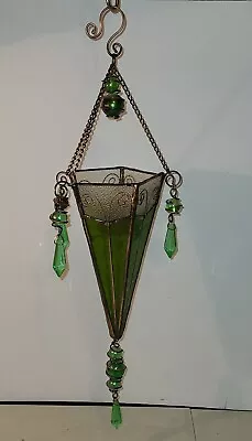 1 Vintage Emerald Green Glass Moroccan Hanging Lamp Tea Light Candle Sconce 15  • $45.63