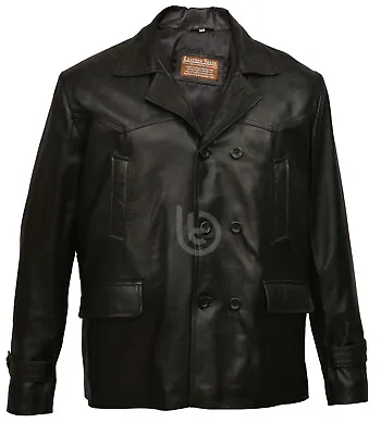 Men's German Naval Military Pea Coat Black Button Real Genuine Leather Jacket • $98.99