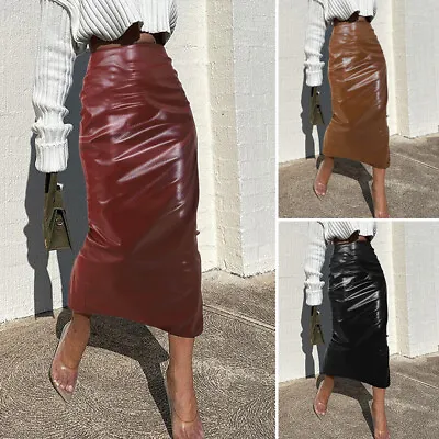 UK Womens High Waist Fuax Leather Midi Skirts Bodycon Pencil Slim Skirt Dress • £18.04