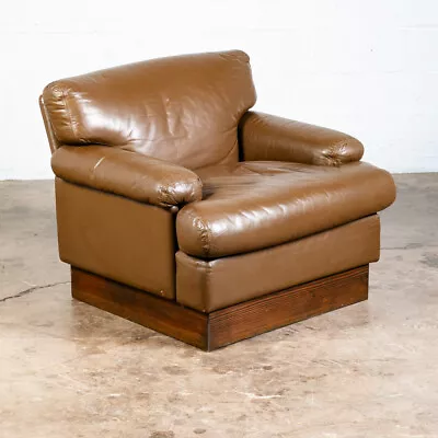 Mid Century Modern Lounge Chair Brown Leather 70s 80s Platform Vintage Armchair • $998.98
