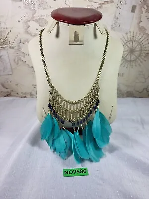 Accessorize Blue Feather Bead Fringe Statement Necklace Costume Jewellery NOV586 • £4.49