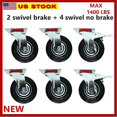 Set Of 6 Caster Wheels Heavy Duty With Brake1400Lbs Swivel Plate Casters 5 Inch • $59.99