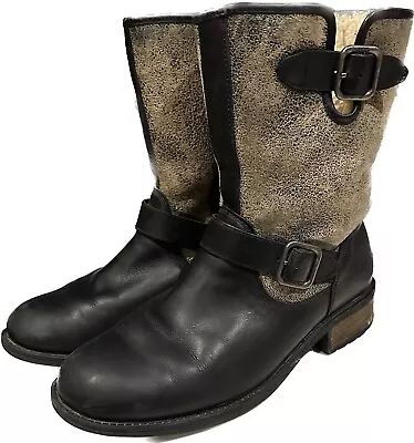 Ugg Bomber Shearling Leather Boots Sz 8 Black Tan Distressed Lamb Warm Winter • $165