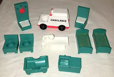 Vintage Fisher Price Little People Hospital Lot X-Ray Chairs Beds Sink Ambulance • $39.99