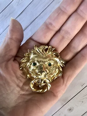 Massive Lion’s Head Gold Door Knocker Brooch Pin With Emerald Green Gripoix Eyes • $24