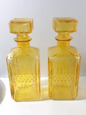 Vintage 1990s Retro Yellow Colored Glass Square Liquor Whisky Decanter Set Of 2 • $39