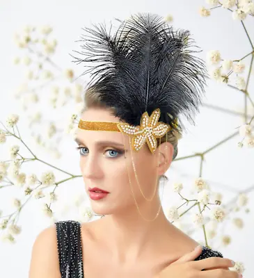 1920s Headband Gold Rhinestone Black Feather Headpiece Flapper Headband • $9.99