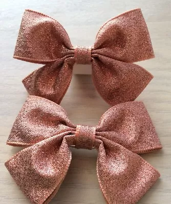 2 Girls Lovely Rose Gold Sparkly Handmade Ribbon Hair Bows / Clasps / Clips • £3.99