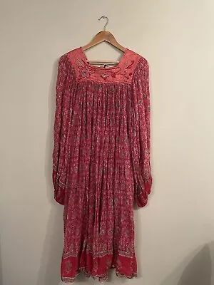 PHOOL Vtg 70s Dress Pink Indian Block Print Balloon Sleeves Embroidered Size 12 • $93.34
