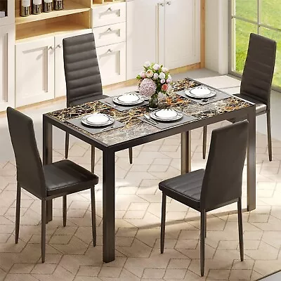 Marble Pattern 5 Piece Dining Table And Chairs Set: Glass Top Design For 4 • $199.99