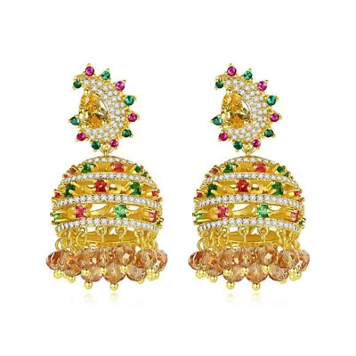 $23.46 • Buy Indian Jhumka Jhumki Bollywood Crystal Gold Plated Drop Earrings Ethnic Vintage