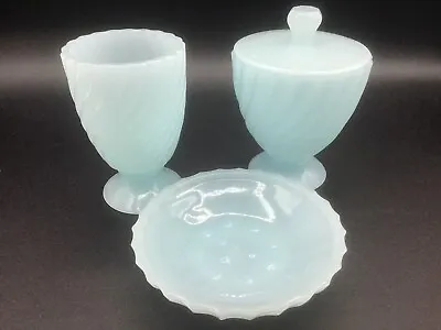 Bath Vanity Accessory Set Pressed Milk Glass Green/Turquoise Swirl Pattern • $40.23