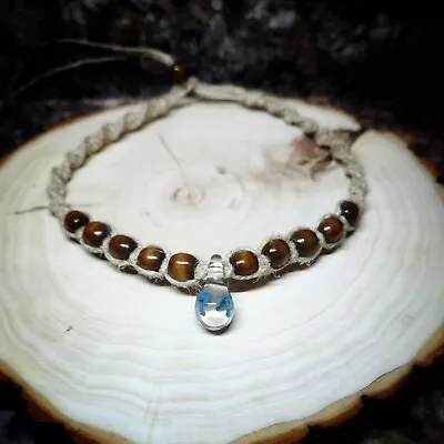 Traditional Hemp Necklace With Blue Double Glass Mushroom & Wood Beads • $17.99