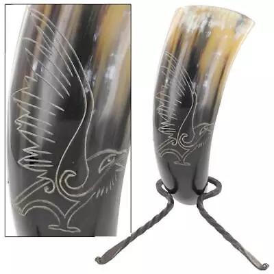 Soaring Eagle Medieval Drinking Bovine Horn With Iron Stand - Viking Dining Hall • $28.19