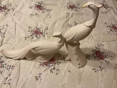 Vintage Pair Of Ceramic White Speckled Peacocks Pheasants • $19.99