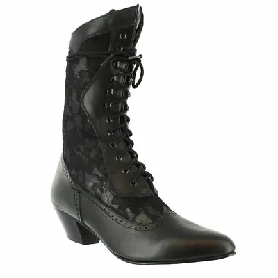 Ladies US 7 Oak Tree Farms Black Leather & Lace Western Cowgirl Granny Boots • $119.99