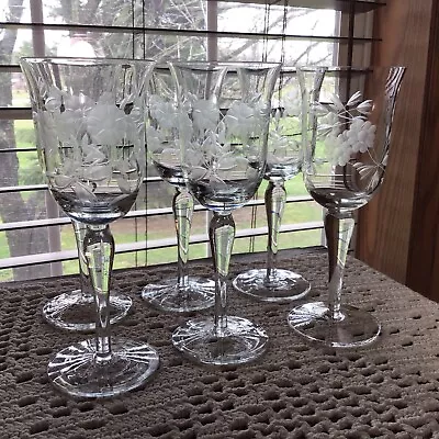 6 Elegant Vintage Crystal Floral Etched Flared Rim Wine Glasses • $24.99