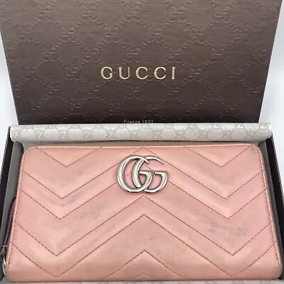 Auth Used GUCCI Purse GG Marmont Long Wallet Quilting Pink 2674 Ophidia • $176