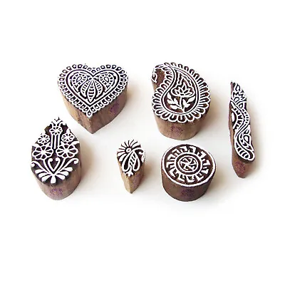 Heart And Paisley Hand Made Designs Wooden Block Stamps (Set Of 6) • £11.99