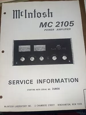 McIntosh MC-2105 Service Manual Pre-Amplifier Original Serial# 26M08 • $29.99