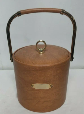 $10 • Buy Vintage Georges Briard Brown Faux Leather Insulated Lidded Handled Ice Bucket 