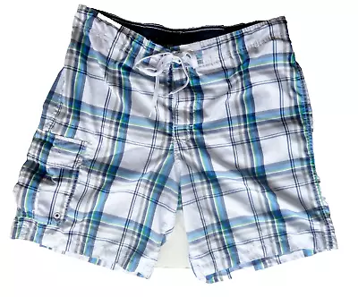 Merona Men's Sz XL White Blue White Plaid Elastic Waist Swim Shorts Trunk • $9.98