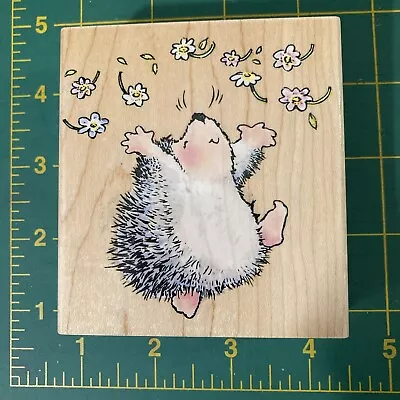 Hedgehog Joy Penny Black Dancing  Jumping Daisy Flowers 1436K Rubber Stamp 2001 • $13.99