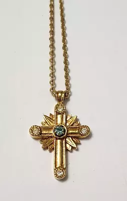 Vintage Avon Gold Tone Metal Sunburst Cross With Rhinestones Chain Necklace • $10