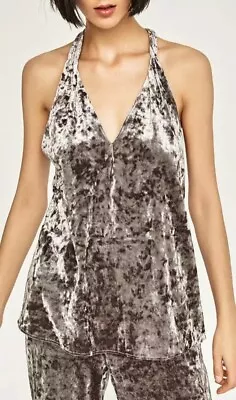 NWT! Zara Woman Crushed Velvet Strappy Back Halter Tank Top Sz Small Silver Gray • $18.95