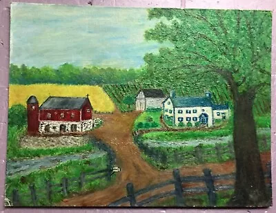 Great Vintage Farm Primitive 12” X 16” Oil Painting Grandma Moses Style. • $59.99