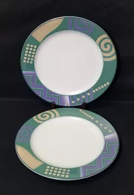 Set Of 2 Mikasa Life Style Dinner Plates Intaglio CAC 18 Green Purple Geometric • $40