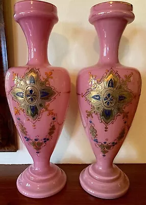 Pair Victorian Bristol Opaline Pink Enamelled Jewelled Glass Style Vases C.1880 • $250