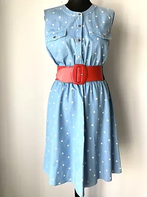 Yumi Sleeveless Sz 12 14 Polka Dot Dress Rockabilly Denim Chambray 50s • £9.99