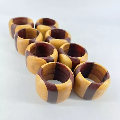Teak Wood Napkin Rings Holders Mid Century Modern Natural Boho Two Tone Set Of 8 • $29