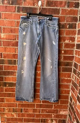 Levis 527 Mens 34 X 32 Low Boot Cut Light Wash Distressed Denim Jeans • $34.99