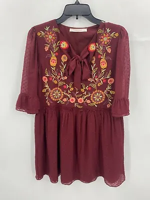 Zara Trafaluc Womens 4 Dress Maroon Floral Embroidered Chiffon Boho Mini • $19.16