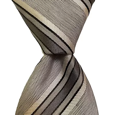 GEOFF NICHOLSON Men's Silk/Linen Necktie ITALY Designer STRIPED Gray/White EUC • $47.99